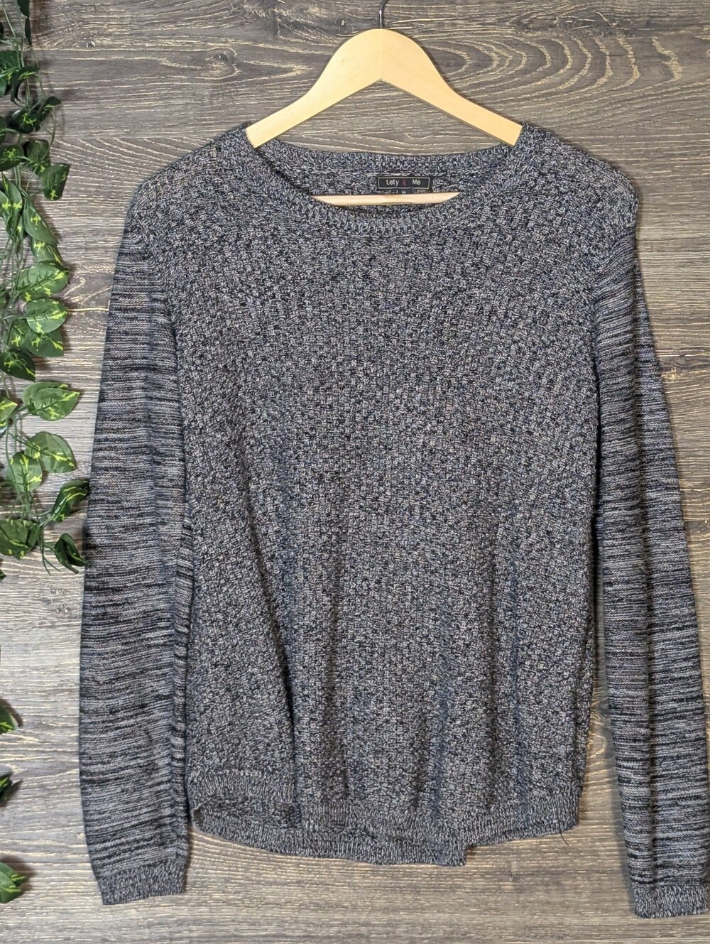 Lety & Me Black Gray Marled Knit Elbow Patch Sweater XL